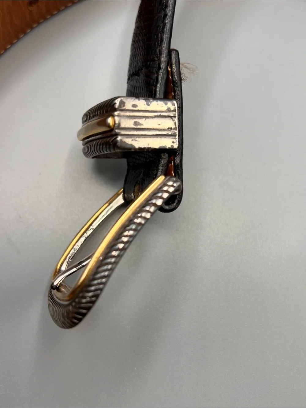 1996 Brighton onyx black eel or snake skin size 34 two tone metal buckle silver